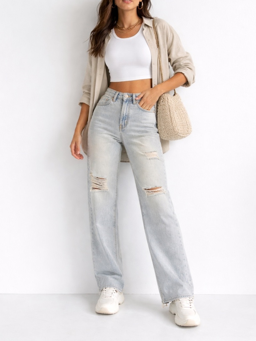 RSQ Wide Leg Jeans Light Wash Distressed‎ Raw Hem Y2K